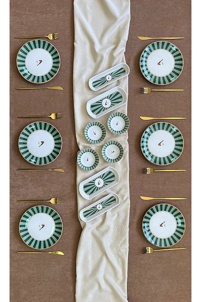 Erbaşlar Love Bird Green Round 14 Piece Luxury Breakfast Set for 6 People Breakfast Set