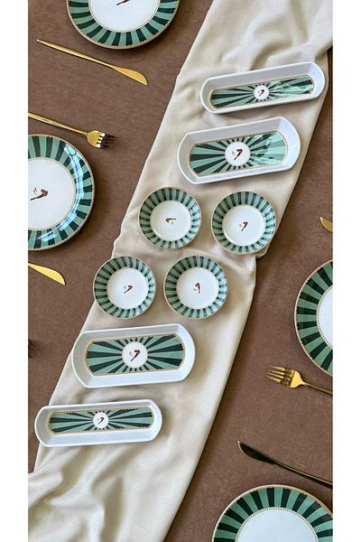 Erbaşlar Love Bird Green Round 14 Piece Luxury Breakfast Set for 6 People Breakfast Set