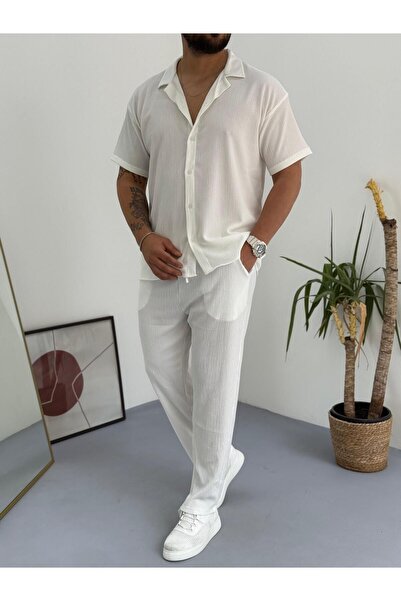 Fifty Color Комплект от мъжка риза и панталон с къс ръкав, летен креп и ликра, стил Алачатъ