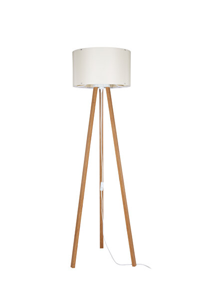 AG LightDesign Krem Lambader Abajur 3 Ayaklı Tripod Kumaş Ahşap Üç Ayak