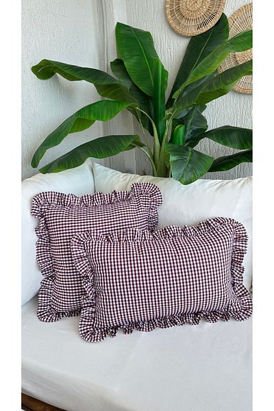 Decamor home Cotton Linen Burgundy Mini Gingham Ruffle Throw Pillow Case 1 Piece