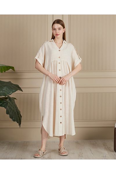EL jadida Women's Buttoned Plus Size Linen Dress Beige