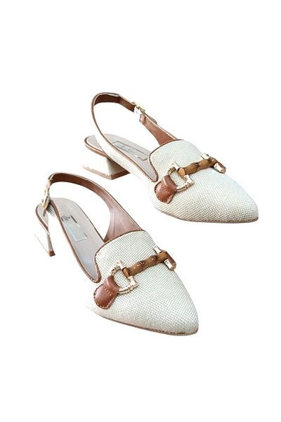 De Scario De Scarıo 593 Women's Buckle Linen Woven Short Heeled Open Back Shoes