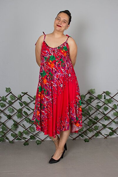 Truva XXL Plus Size Suspender Cotton Patterned Red Dress – up to Size 50