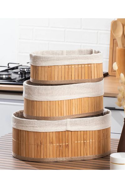 Flash Bazaar Oval 3-Piece Basket Bamboo Basket Set Decorative Bathroom Kitchen Organizer Organizer