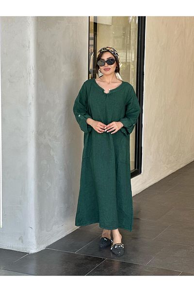Ranasubaşı Pearl Buckle Linen Dress Khaki