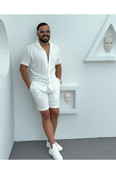 Fifty Color Alaçatı Style Wrinkled Crinkle Fabric Summer Lycra Men's Short Sleeve Shirt and Shorts Set