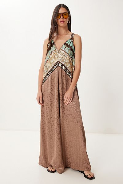 Lovelyİstanbul Patterned Satin Surface Woven Jumpsuit Brown Beige Lfg0016