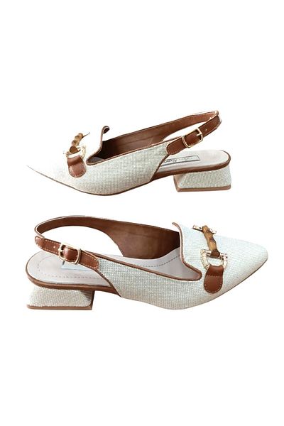De Scario De Scarıo 593 Women's Buckle Linen Woven Short Heeled Open Back Shoes