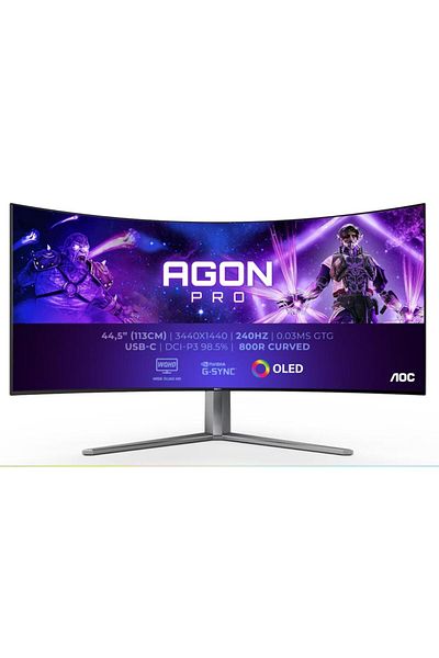 Aoc Monitor OLED curbat pentru gaming de 44,5", WQHD, 240Hz, 0,03ms, HDMI, DisplayPort, gri