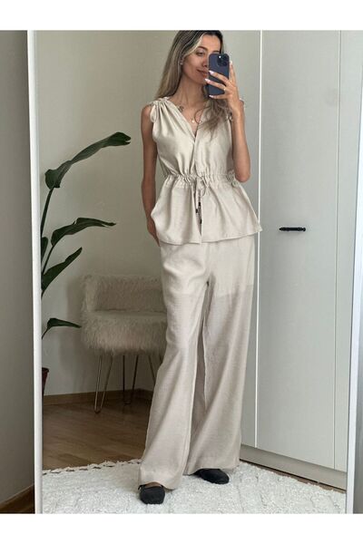 MODA طقم بنطلون بلوزة بخصر مكشكش باللون البيج