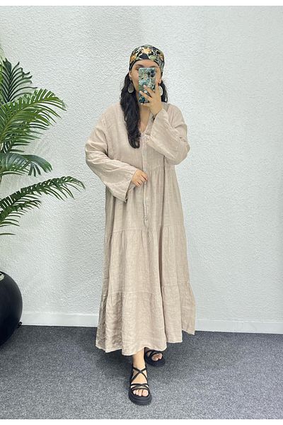 Ranasubaşı 100% Linen Relaxed Cut Long Dress Beige