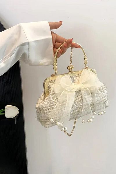 ELENAS Pearl Evening Women's Shoulder Bag, Luxury Evening Dress Bag Is High Quality and Showy with Ribbon Detail