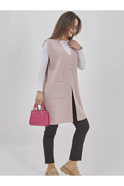 Stilmony Women's Long Seasonal Knitwear Lycra Pocket Button Detailed Casual Vest