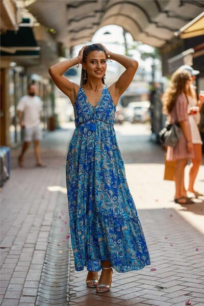 Miss Boheme Blue Color Silk Dress with Back Tie Detail and Strap