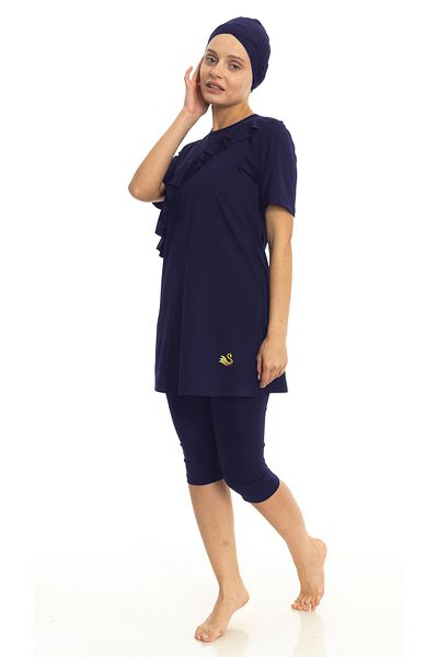 Differend Short Sleeve Semi-Covered Hijab Swimsuit with Ruffle Detail