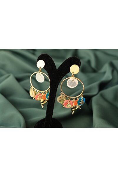 FİRST JEWELRY Charmlı Sallantılı Yıldız Midye Halka Gold Küpe