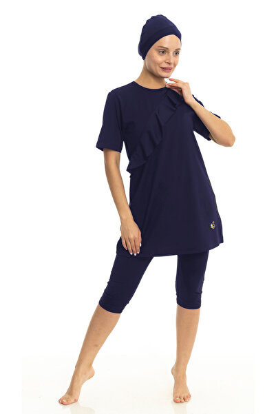 Differend Short Sleeve Semi-Covered Hijab Swimsuit with Ruffle Detail