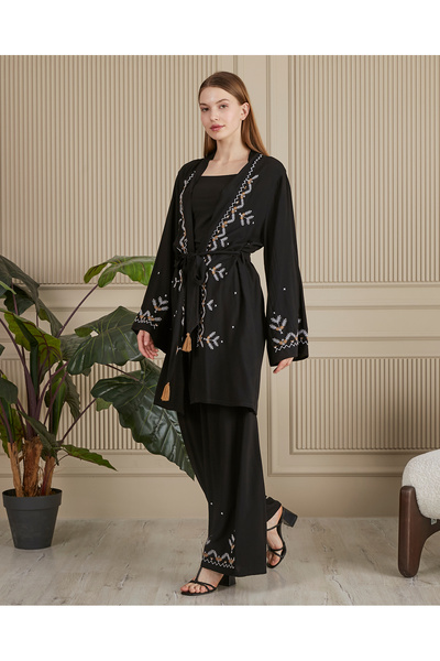 EL jadida Γυναικείο Κεντημένο Ζώνη Plus Size Σετ Μαύρο Βιζόν