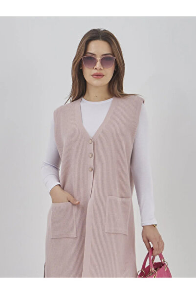 Stilmony Women's Long Seasonal Knitwear Lycra Pocket Button Detailed Casual Vest