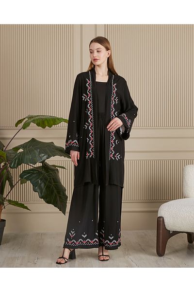 EL jadida Women's Embroidered Belted Plus Size Suit Black Red