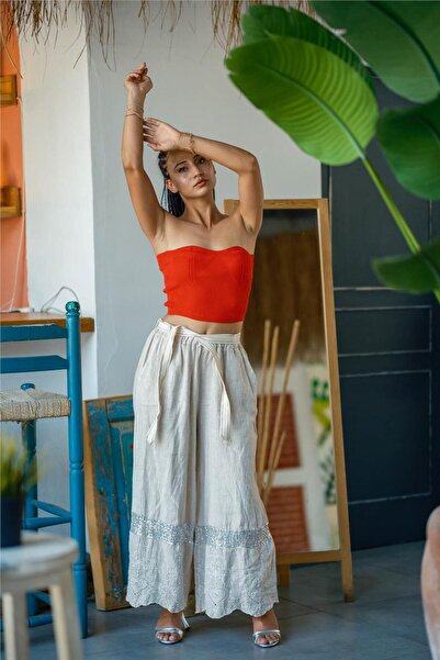 Miss Boheme Cream Color Sequin Detailed and Embroidered Linen Trousers