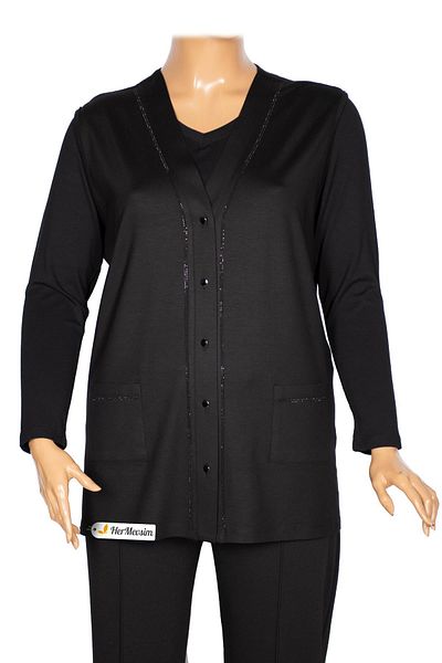 Hermevsim Hesna Women's Umut Battal Size Five Button Pocket Combed Cotton Black Vest