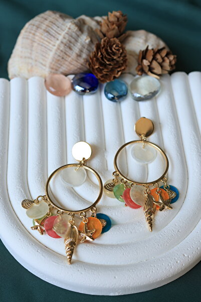 FİRST JEWELRY Charmlı Sallantılı Yıldız Midye Halka Gold Küpe