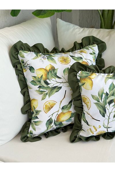 Decamor home Retro Ruffled Lemon Patterned Green Yellow Throw Pillow Cover