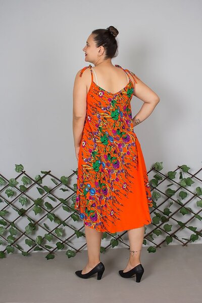 Truva XXL Plus Size Suspender Cotton Patterned Orange Dress – up to Size 50