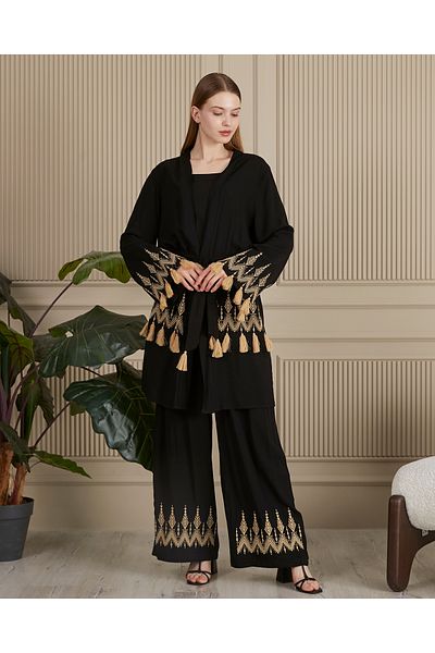 EL jadida Women's Embroidered Belted Plus Size Suit Black Mink