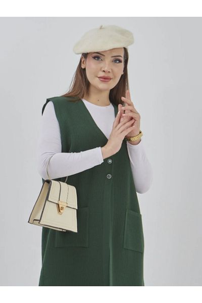 Stilmony Women's Long Seasonal Knitwear Lycra Pocket Button Detailed Casual Vest