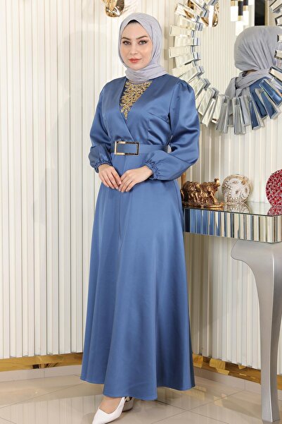 Missvalle Βραδινό φόρεμα σατέν με πέτρα Μπλε MSW19901