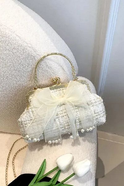 ELENAS Pearl Evening Women's Shoulder Bag, Luxury Evening Dress Bag Is High Quality and Showy with Ribbon Detail