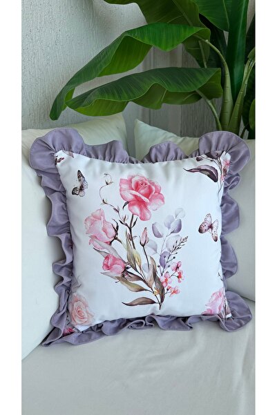 Decamor home Husă de pernă cu model retro trandafiri roz liliac cu volane 1BUC