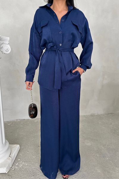 Moda Asmira Silvery Fabric Loose Pants - Shirt Set - Navy Blue