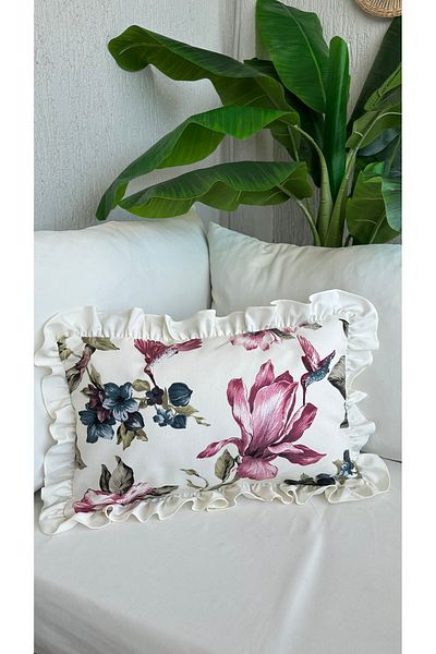 Decamor home Husă de pernă cu volane cu model floral retro Ecru Prune 1 buc