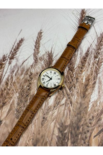 Brality Classic Roman Numeral Women's Wristwatch – Gold Color Case & Tan Genuine Leather Strap 0152