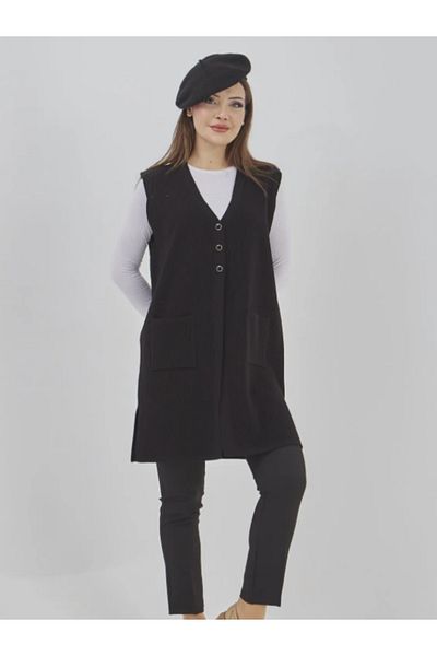 Stilmony Women's Long Seasonal Knitwear Lycra Pocket Button Detailed Casual Vest