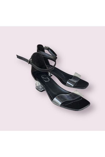 İpek Silk Women's Black Transparent Band Brief High-Heeled Shoes Sandals