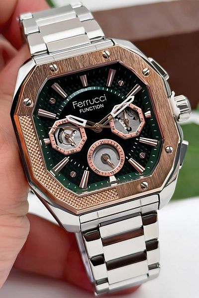 Ferrucci Function Men's Wristwatch, Steel Band & Special Design, 3Atm Water Resistant Silver-Green Sdfe