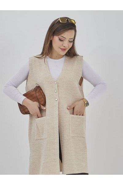 Stilmony Women's Long Seasonal Knitwear Lycra Pocket Button Detailed Casual Vest