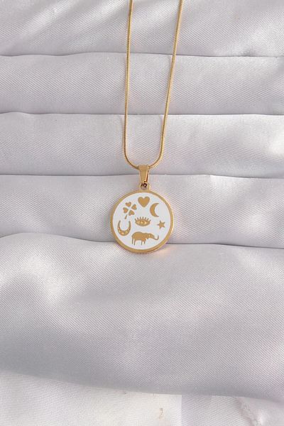 AfraBeauty 316L Steel Gold Color White Enamel Mixed Figure Tarot Necklace