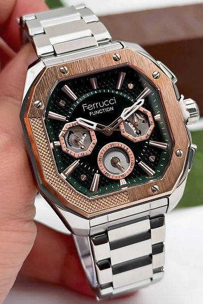 Ferrucci Function Men's Wristwatch, Steel Band & Special Design, 3Atm Water Resistant Silver-Green Sdfe