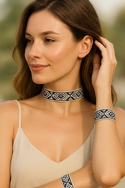 SYAZE Ethnic Patterned Cotton Woven Choker Necklace & Bracelet Set - Black White