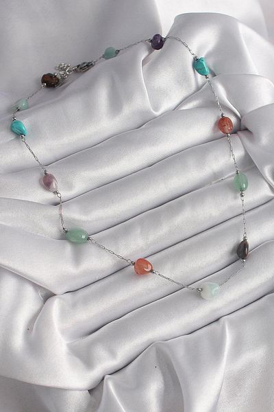 AfraBeauty 316L Steel Silver Color Chain Colorful Natural Stone Model Women's Necklace