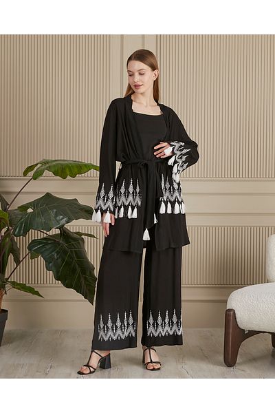 EL jadida Women's Embroidered Belted Plus Size Suit Black White