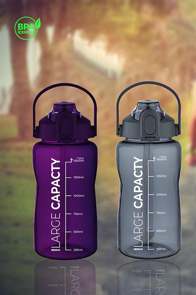 ROYALGROSS Healthy Polycarbonate 1.5L Water Bottle - with Straw, Portable, Gray Purple Color, Large Capacity Water Bottle