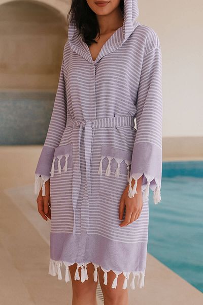 Mira Home Hooded Unisex Peshtemal Beach Bathrobe 100% Cotton Seaside Stripe