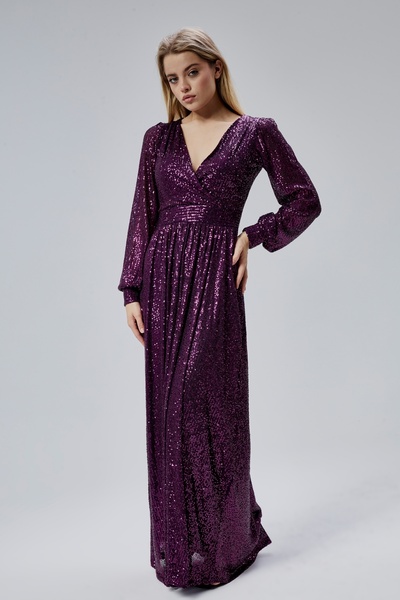 HELVEYS Payet Kumaşlı Kruvaze Yaka Uzun Kollu İç Astarlı Uzun Abiye Elbise HV...